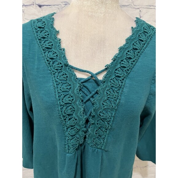 Chico's Top Lace Front Trim Teal Color 3/4 Sleeve Size 2/L/12 - Picture 2 of 7